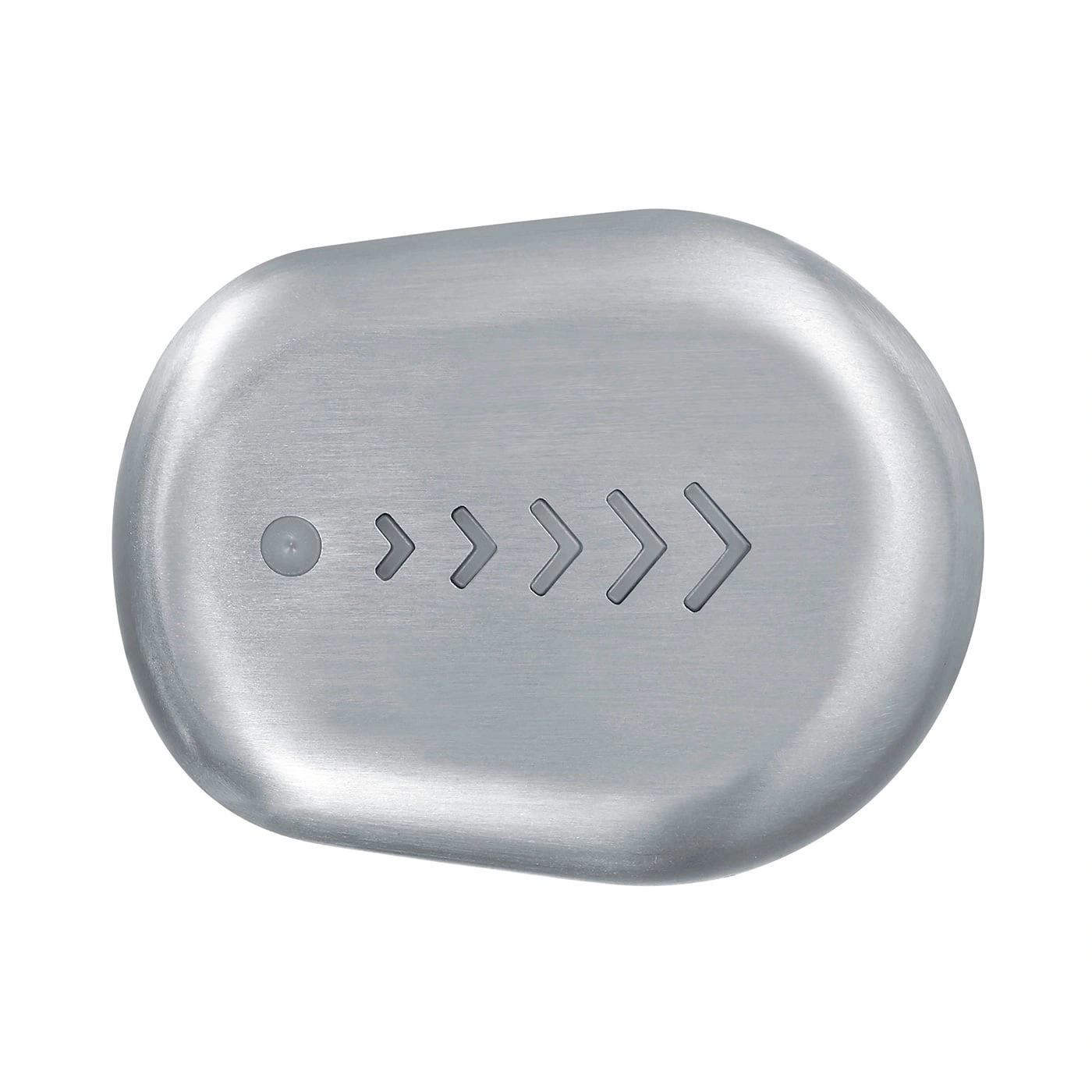 Gray oval button with arrows and a dot, metallic surface, simple design