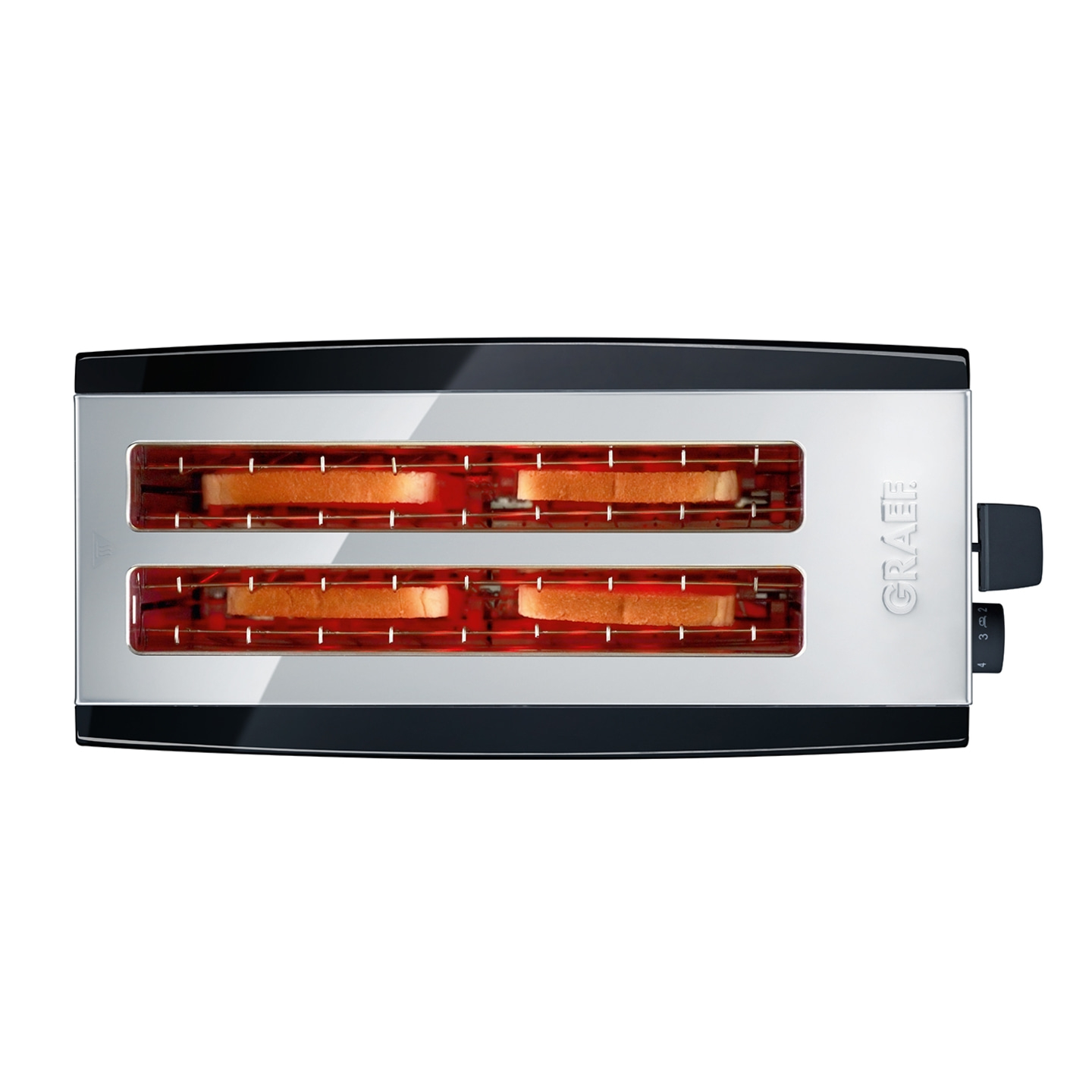 Grille-pain avec du pain grillé à l'intérieur, prêt à griller, avec un design noir et argenté.