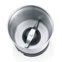 Coffee grinder from above, stainless steel, blade, inside view, empty, white background