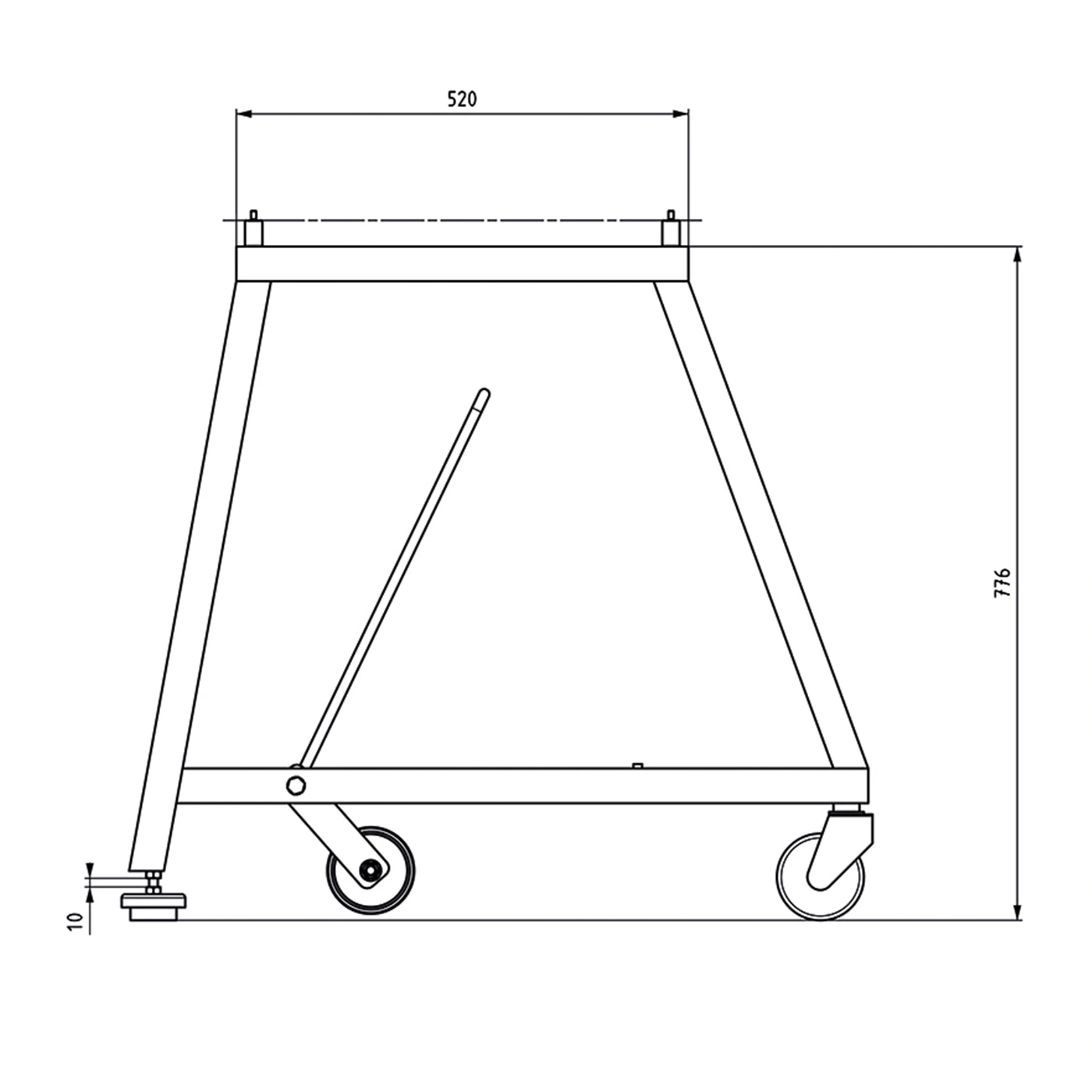 Dessin technique d'un support avec roues et dimensions: 520, 776, 10