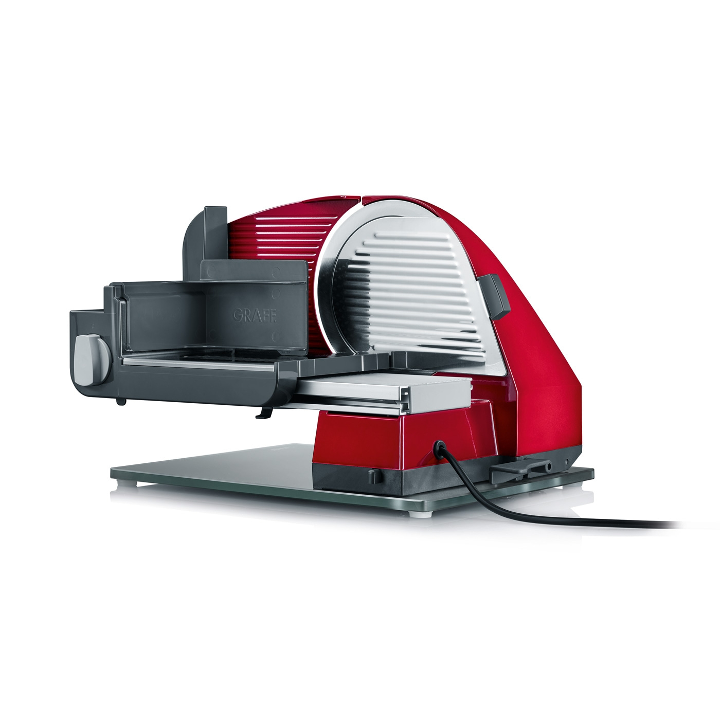Trancheuse électrique rouge, marque Graef, avec plaque de verre et cordon d'alimentation.