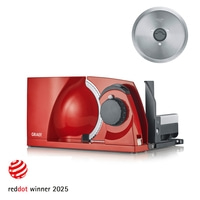 Trancheuse rouge avec lame et design rouge, récompensée par le logo Red Dot 2025.