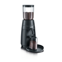 Black coffee grinder with beans and ground coffee, Graef logo visible