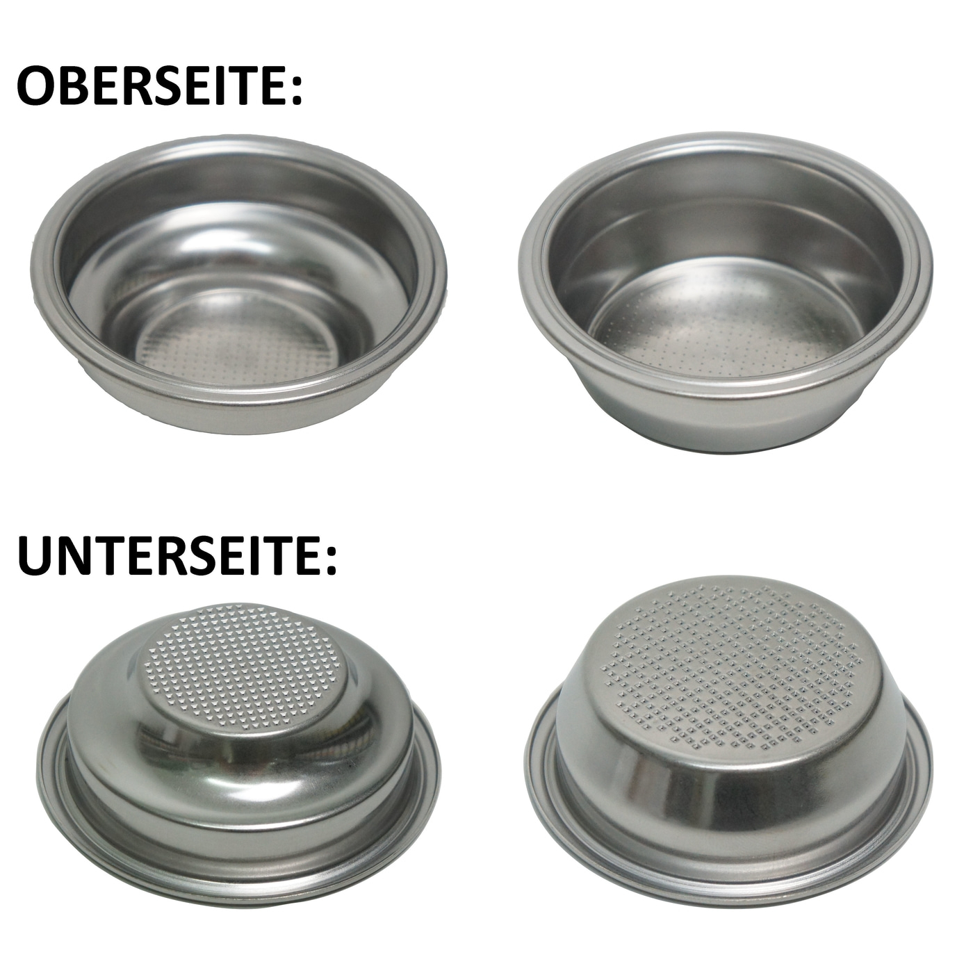 Portafiltro espresso: sopra e sotto, acciaio inossidabile, fori, preparazione del caffè, ripresa ravvicinata