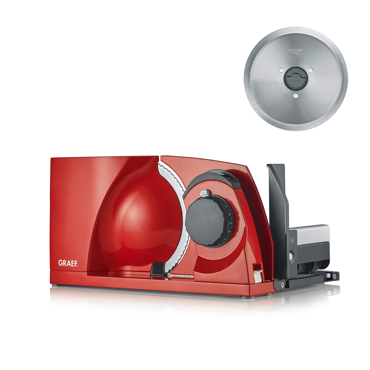 Trancheuse rouge avec lame et accessoires, marque GRAEF, gros plan