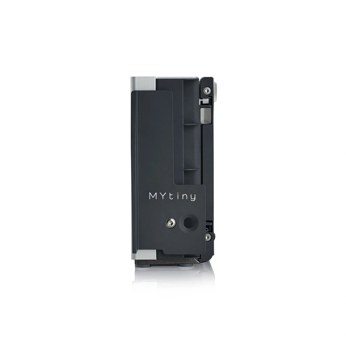 Appareil noir avec texte MYtiny, accents argentés et vis. Petit gadget compact.