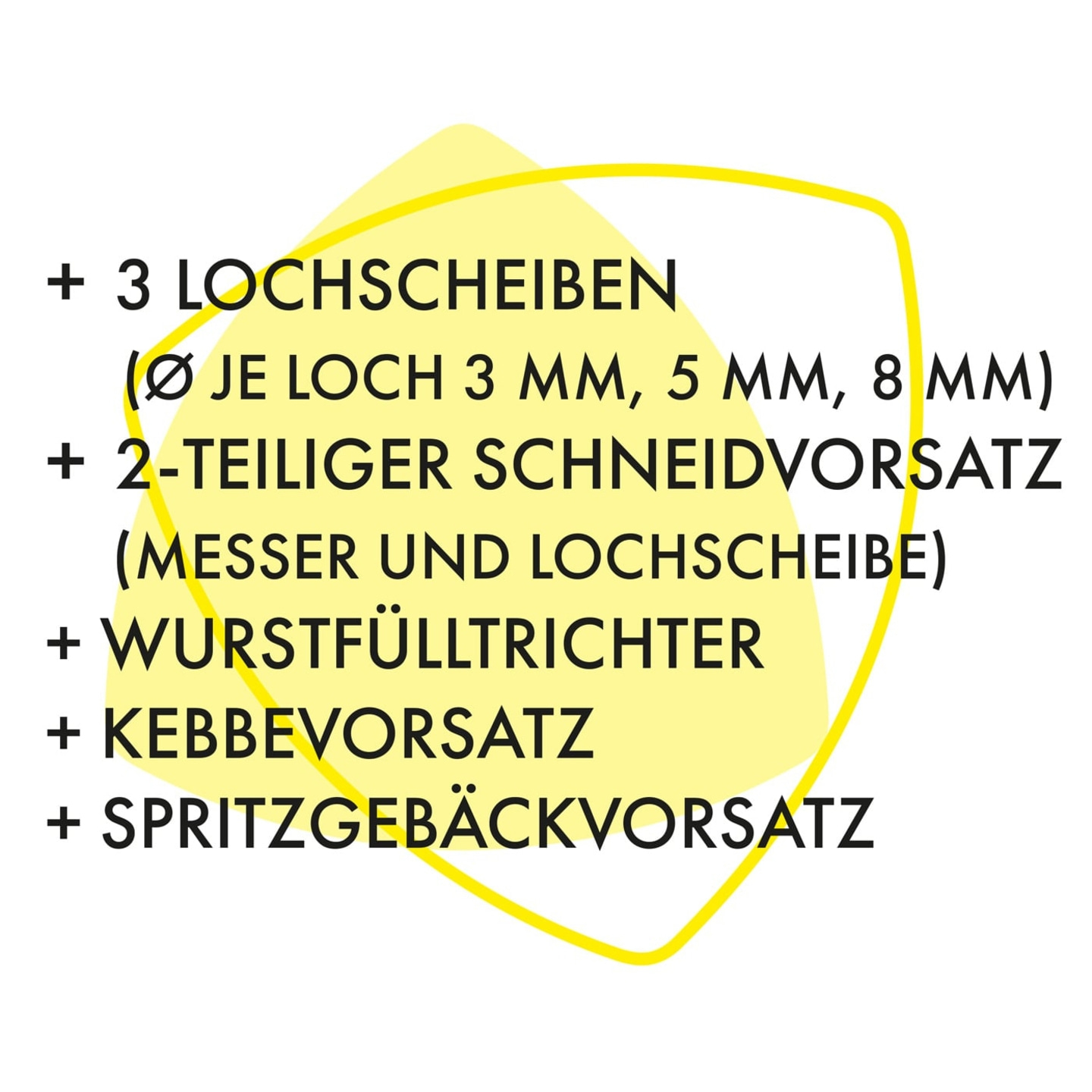 Kitchen machine accessories: hole discs, cutting attachment, sausage stuffer, kebbe attachment, cookie attachment.