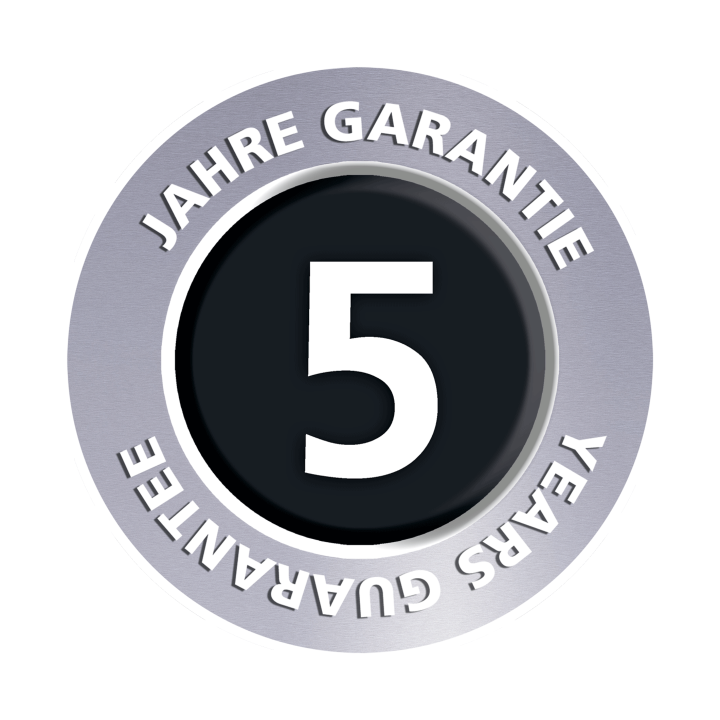 Garantie 5 ans, cercle argenté, fond noir, texte blanc