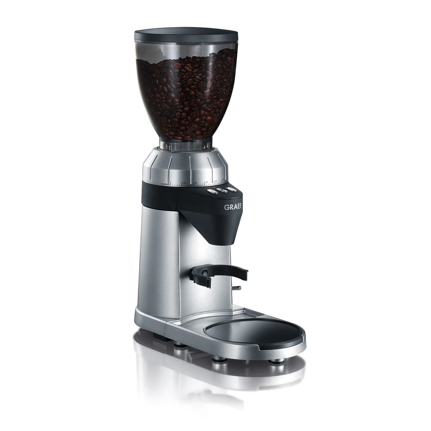 Silver coffee grinder with beans, Graef brand, adjustable grind size, kitchen appliance.