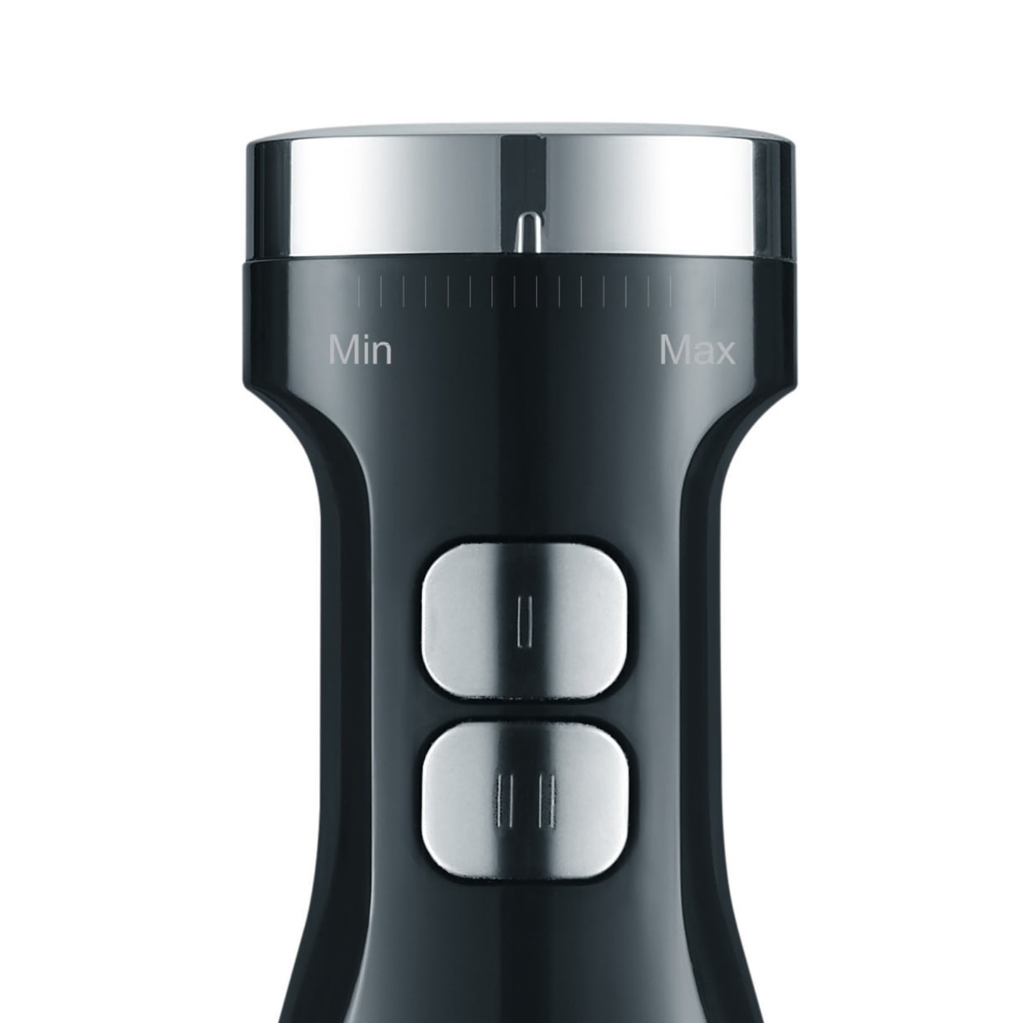 Mixeur plongeant noir avec boutons et cadran de réglage de la vitesse, gros plan.