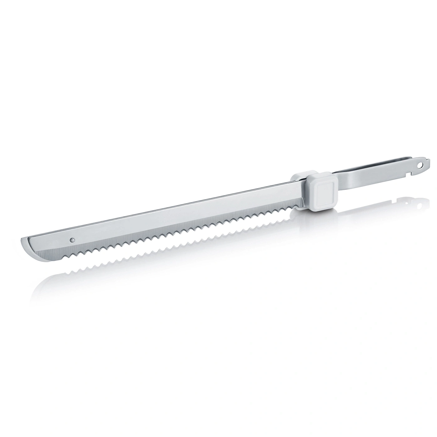 Electric bread knife, silver, isolated on white background, close-up shot