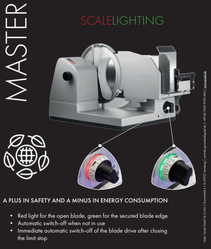 Meat slicer with safety features and energy efficiency, red and green light indicators.