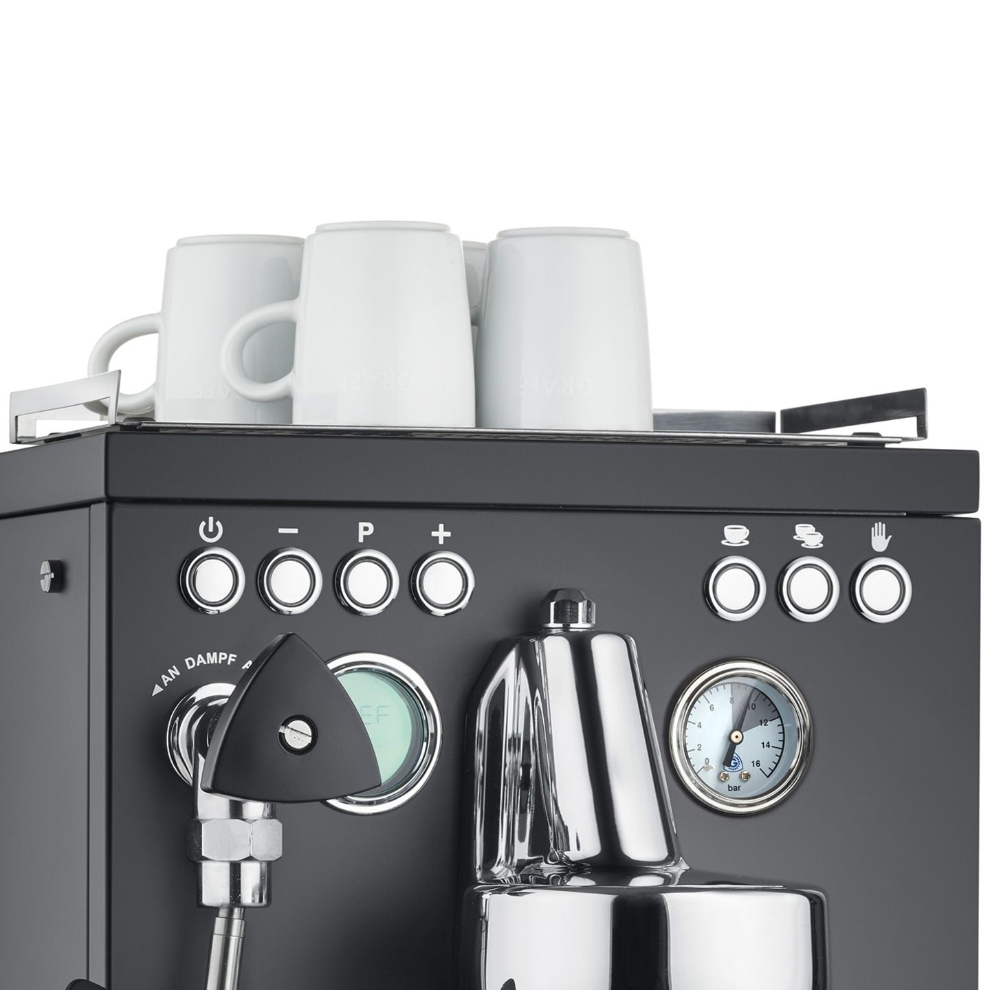 Espresso machine with cups, buttons, and pressure gauge. Black color.