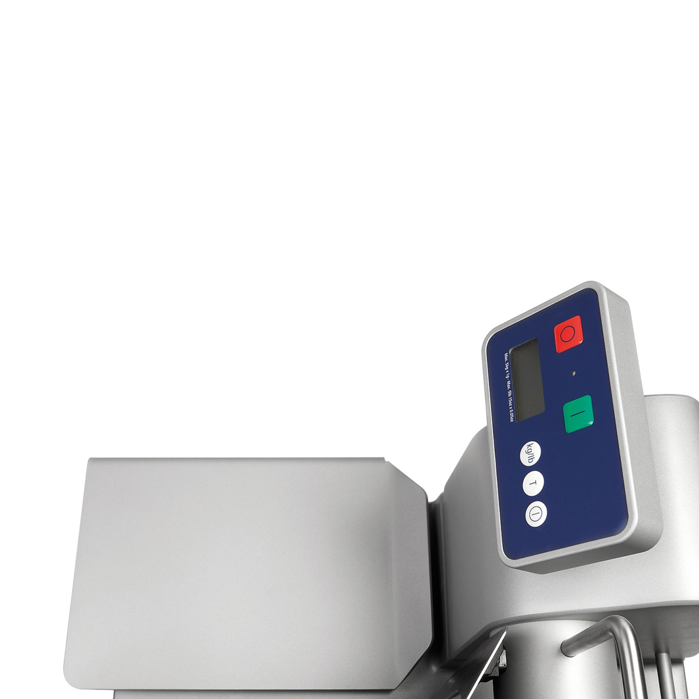 Bilancia con display blu e pulsanti per misurare il peso in chilogrammi o libbre.