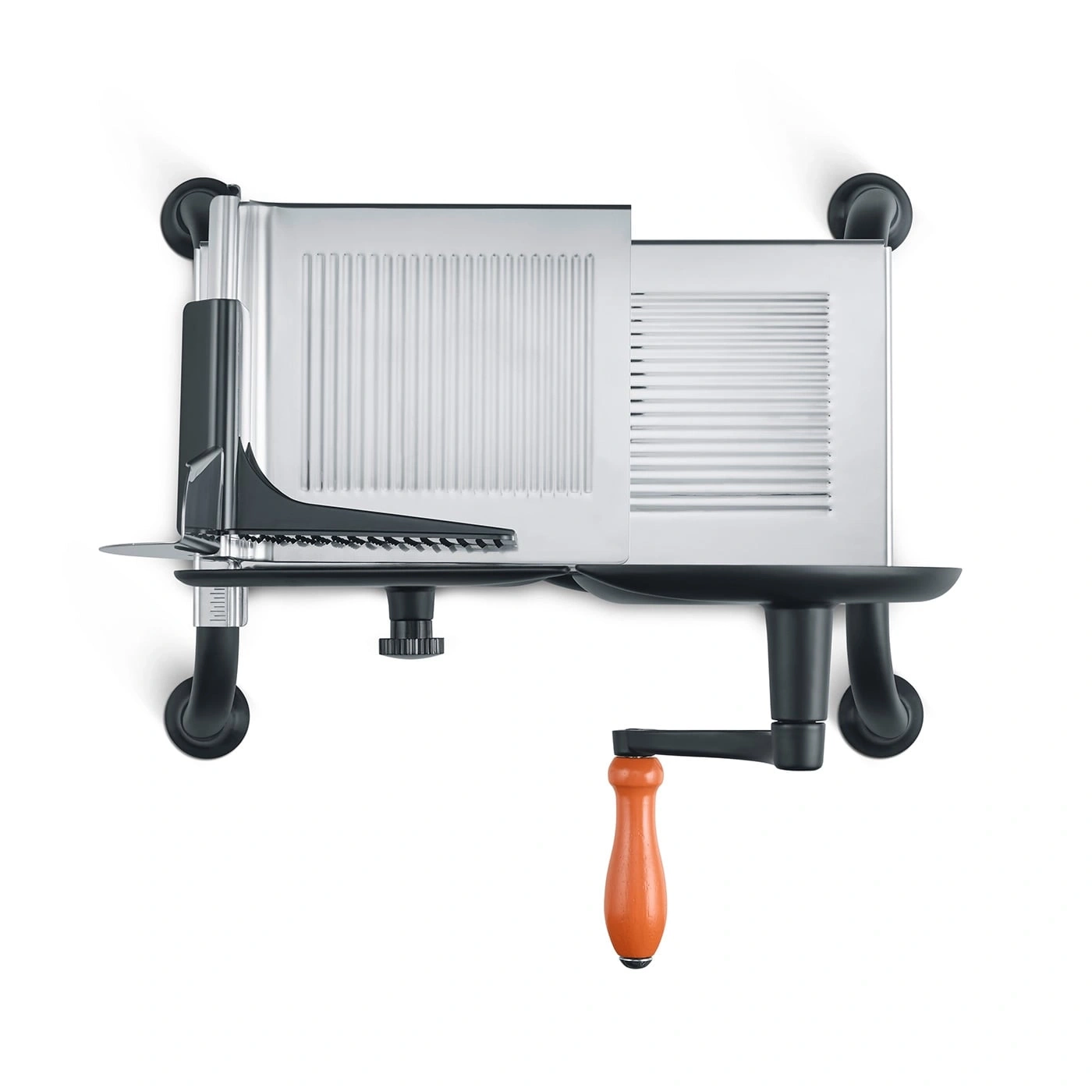 Vegetable slicer with crank and wooden handle, stainless steel, black and orange