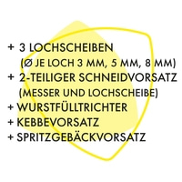 Kitchen machine accessories: hole discs, cutting attachment, sausage stuffer, kebbe attachment, cookie attachment.