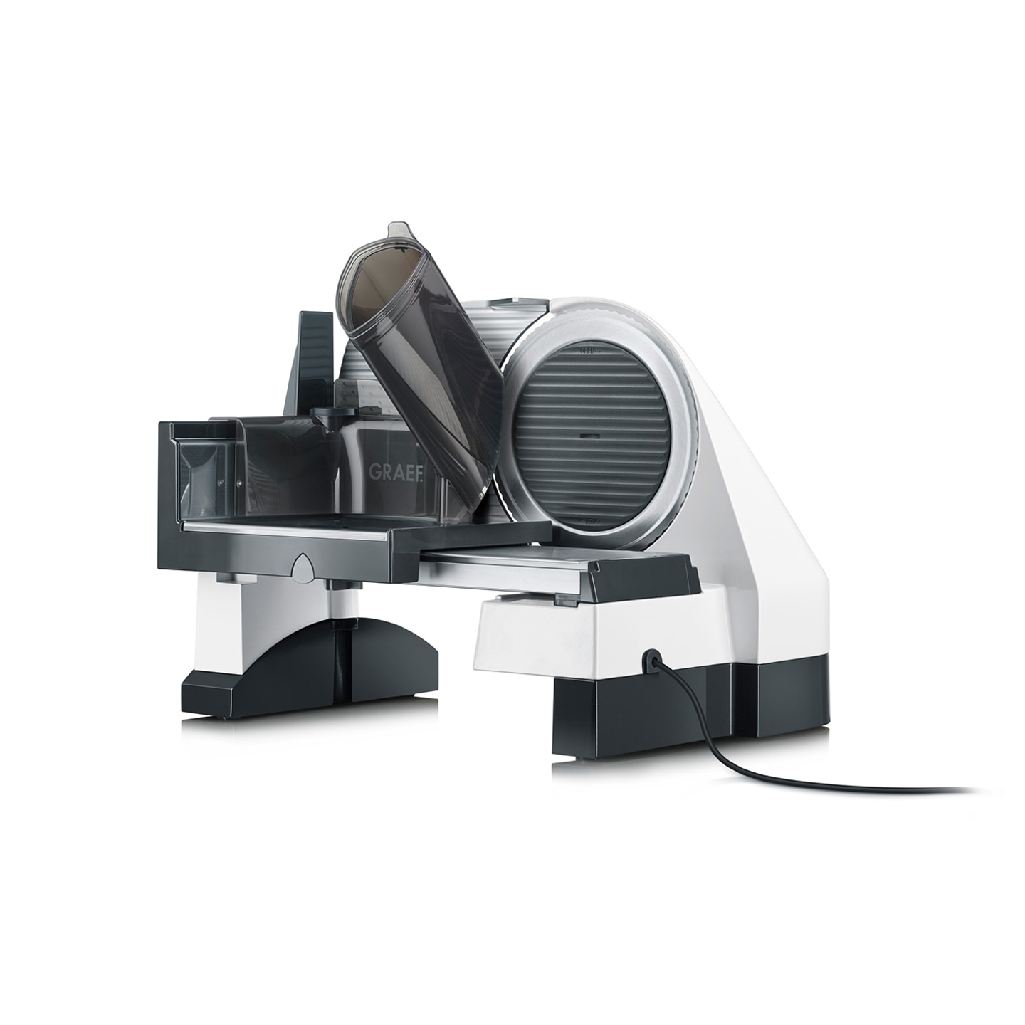 Trancheuse électrique Graef, blanche et noire, avec câble, prise de détail