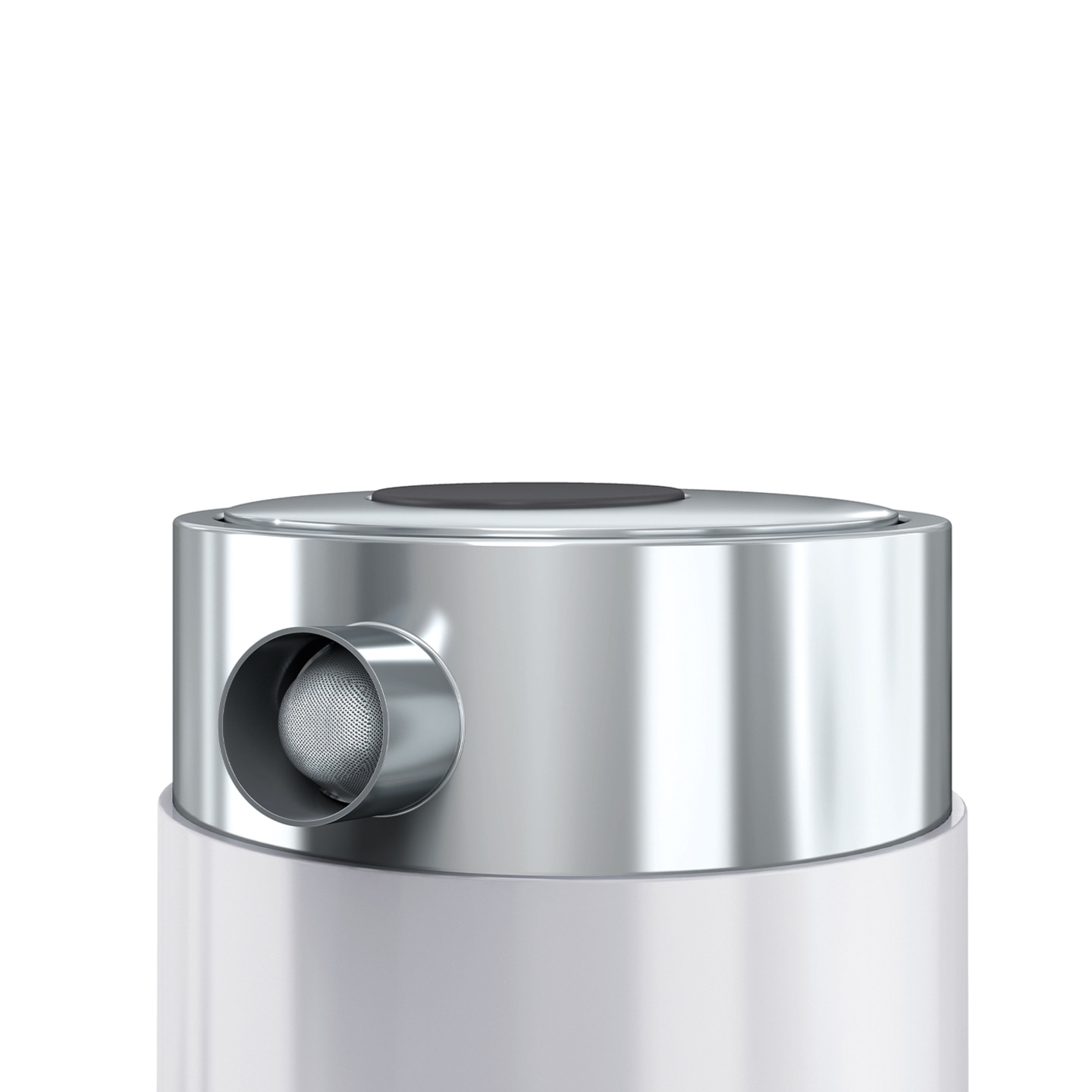 Gros plan d'un cylindre métallique avec un filtre sphérique et une base blanche