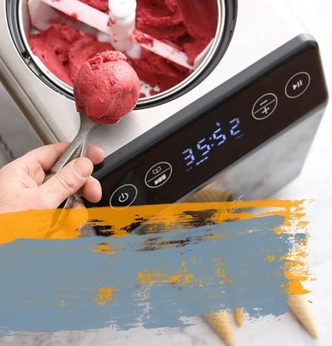 Ice cream being made with an ice cream maker and served.