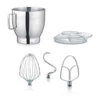 Robot culinaire avec accessoires: bol, couvercle, fouet, crochet pétrisseur, batteur. Acier inoxydable.