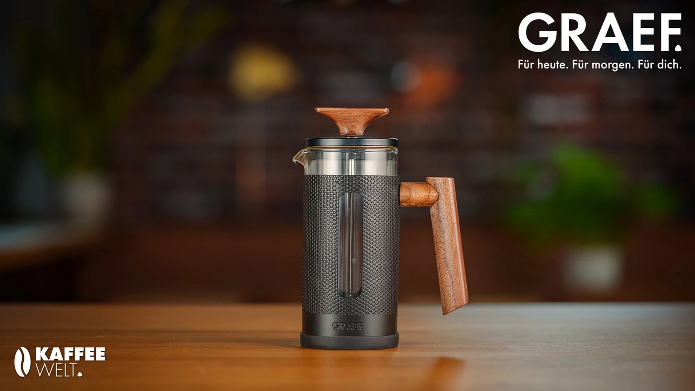 Caffettiera GRAEF con manico in legno e logo Kaffeewelt.