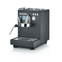 Black Graef espresso machine with steam wand and gauge, modern design, sleek and stylish.