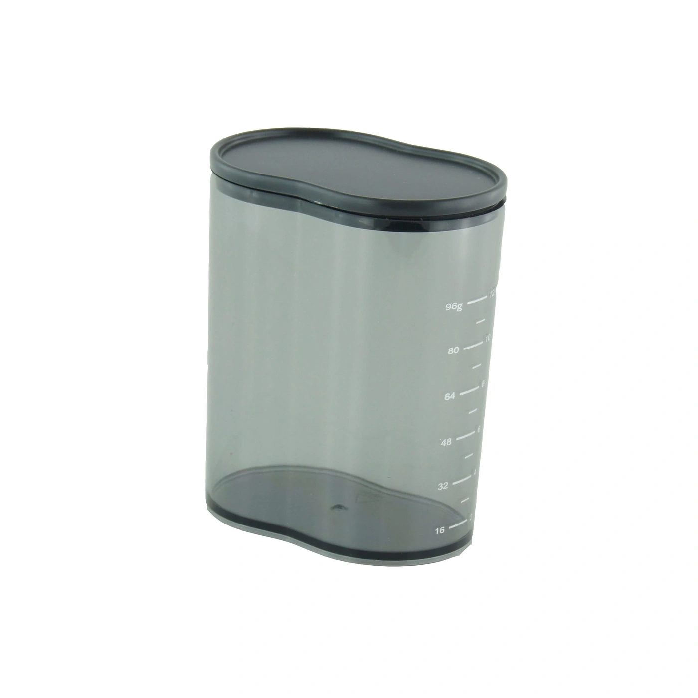 Gobelet doseur transparent avec couvercle noir et échelle de mesure pour liquides.