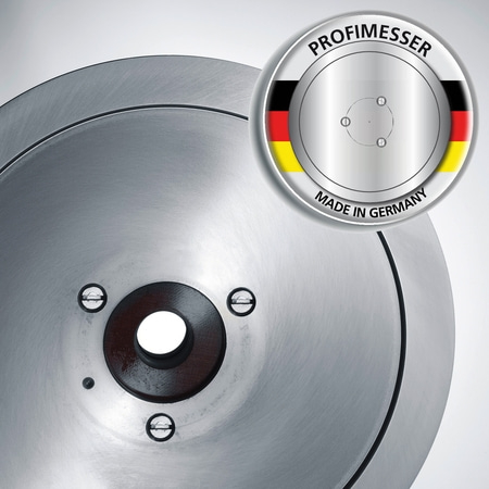 Close-up of a metal plate with 'PROFIMESSER' and 'Made in Germany' logo.