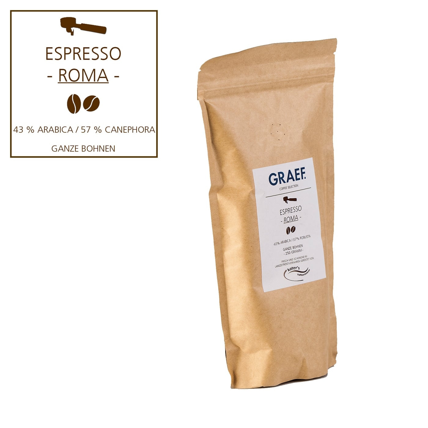 Paquet de grains de café, Espresso Roma, 43% Arabica, 57% Canephora, 250g, Grains entiers