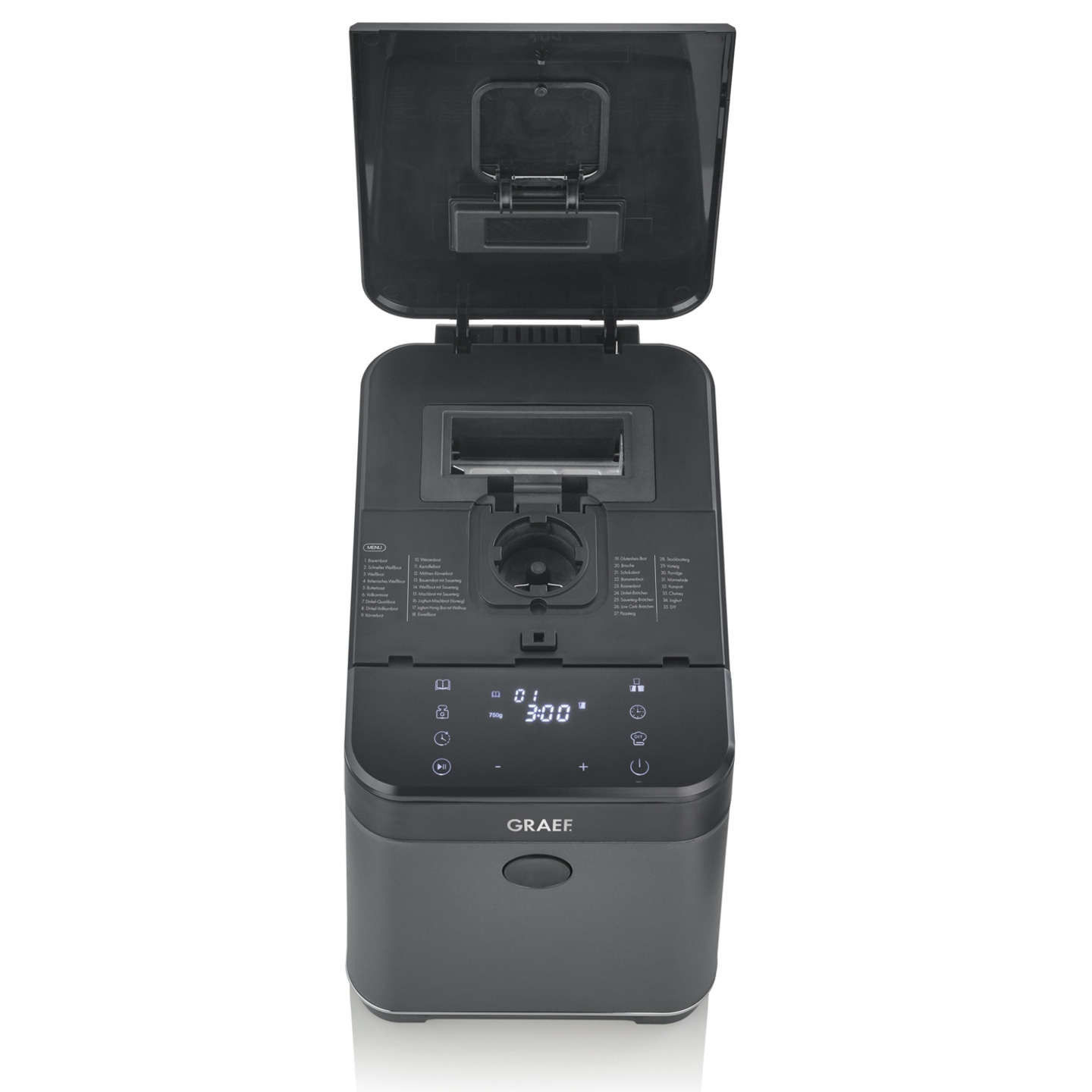 Macchina per il pane con coperchio aperto, pannello di controllo e logo GRAEF.