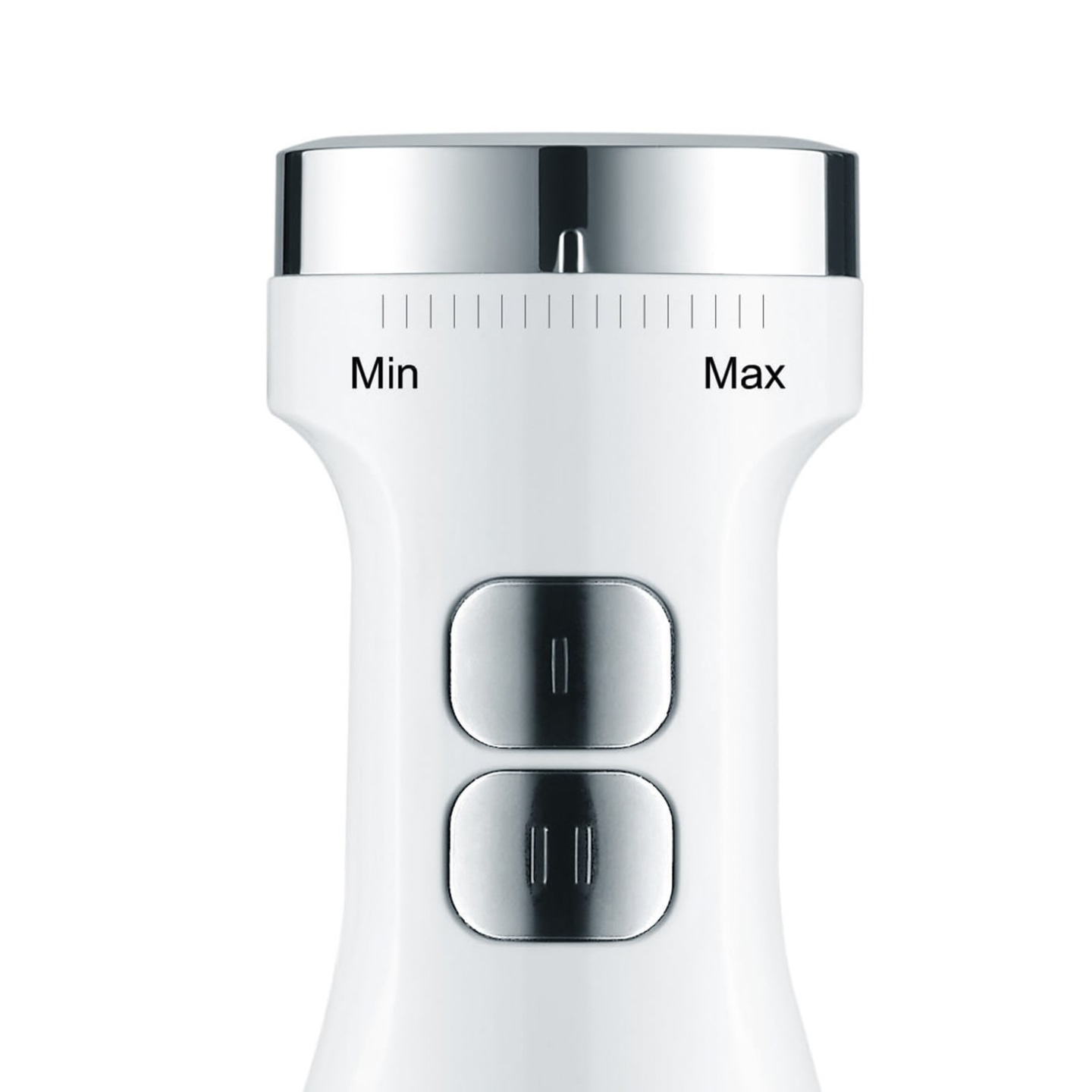White appliance with buttons, Min and Max markings, dial, kitchen device, blender