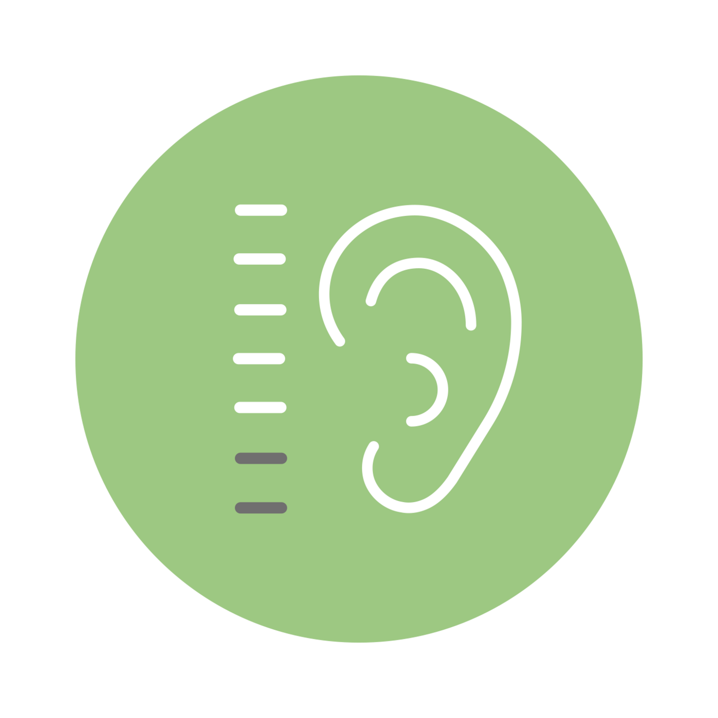 Symbole d'oreille avec échelle de mesure sur fond vert, pour tests et mesures auditifs.