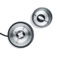 Coffee grinder with blades and lid on white background, close-up shot