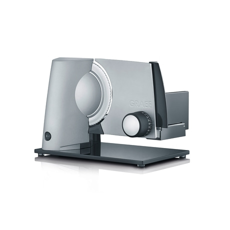 Affettatrice Graef argentata con manopola e lama isolata su sfondo bianco