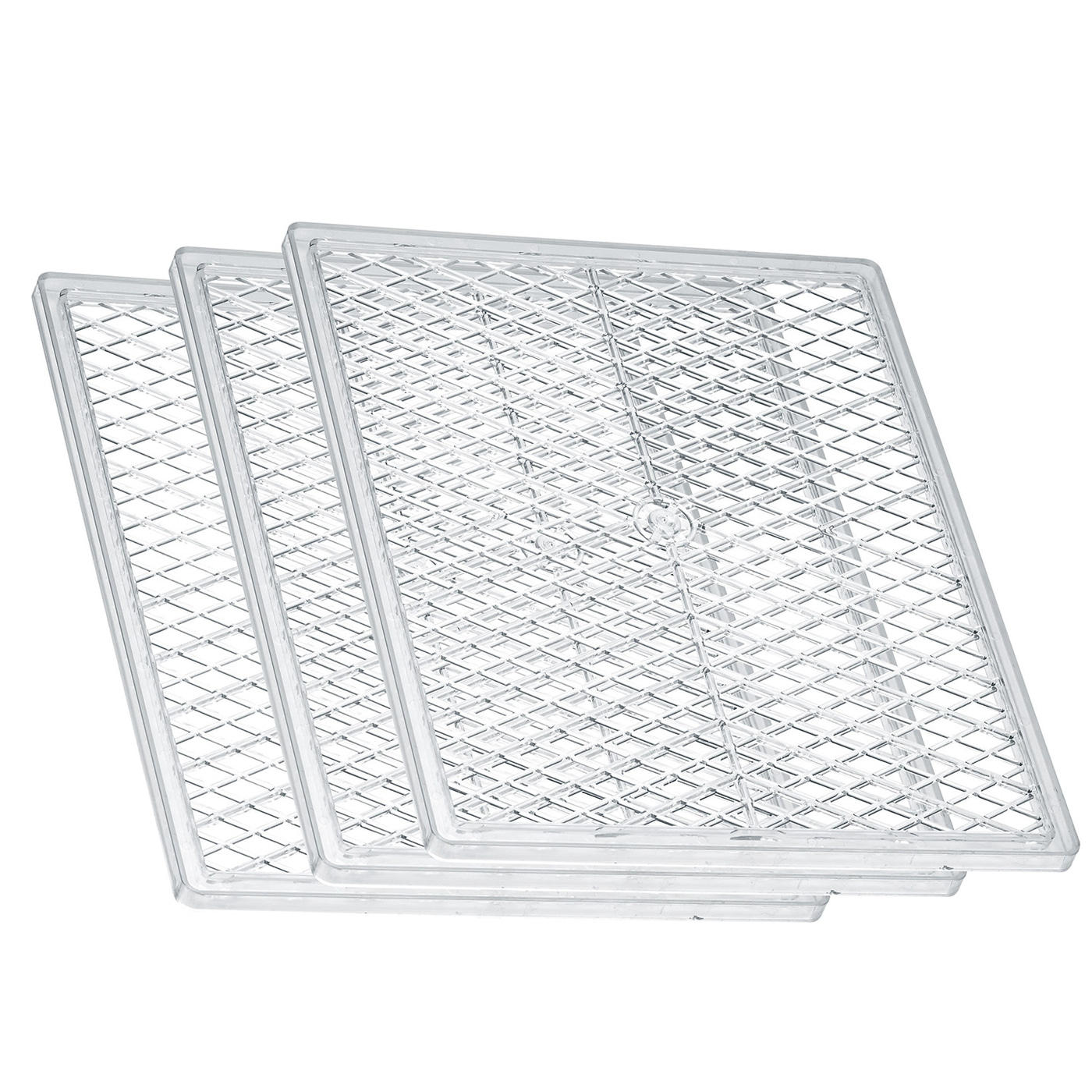 Trois plaques de grille transparentes empilées, pour une utilisation en cuisine ou similaire.