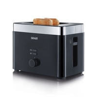 Black toaster with toast, GRAEF brand, with buttons and a dial for browning.