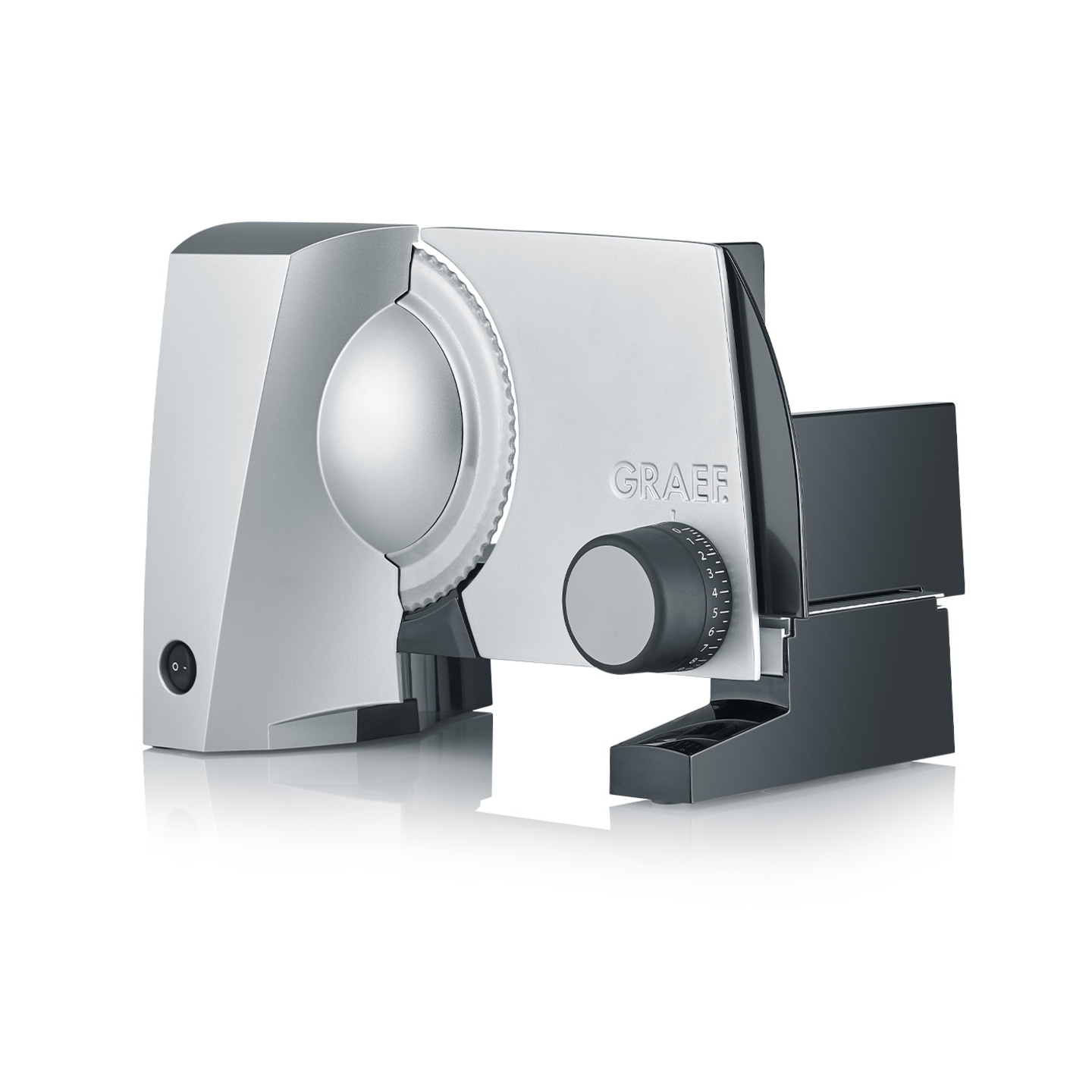 Silver Graef slicer with knob and logo on white background, kitchen appliance