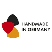 Logo Fabriqué à la main en Allemagne avec trois couleurs : rouge, noir et jaune sur fond blanc