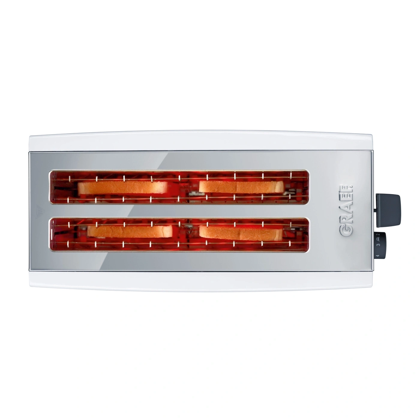 Un grille-pain avec quatre tranches de pain grillant.