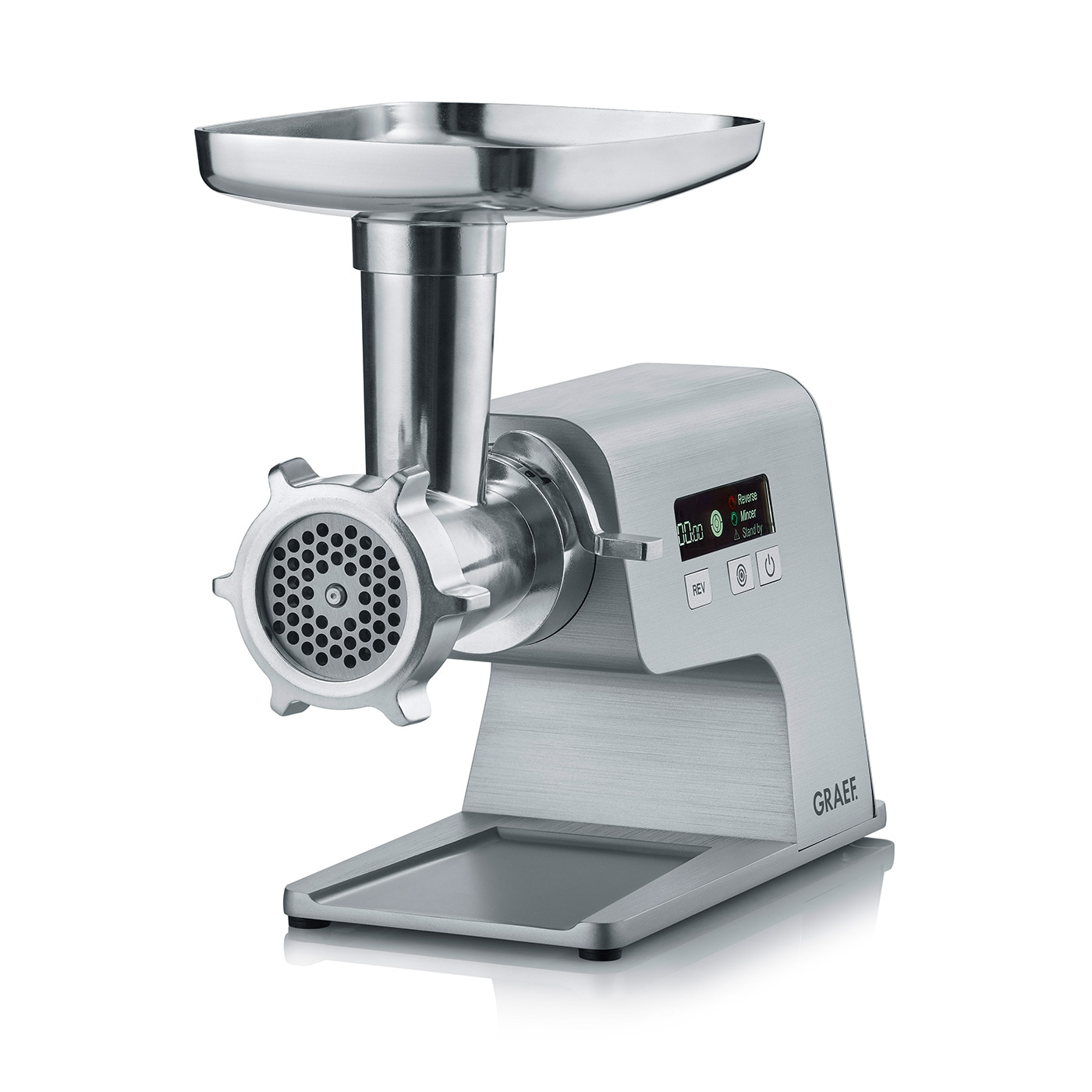 Stainless steel meat grinder, kitchen appliance, Graef, silver, modern, electric