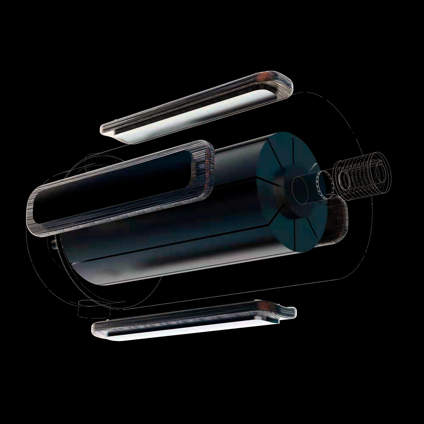 Vue éclatée d'un objet cylindrique avec des pièces détachables sur fond noir.