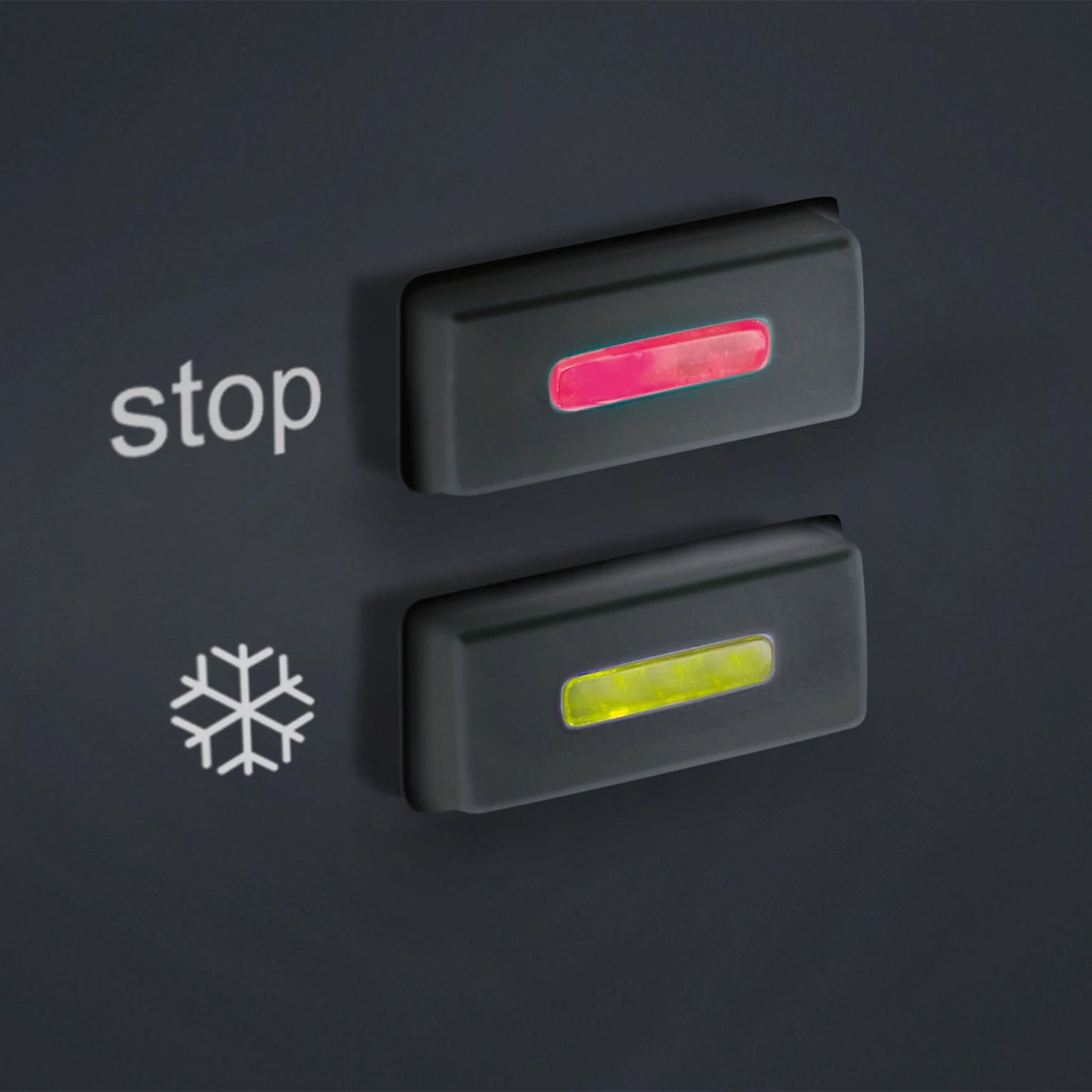 Black background with two buttons, red and yellow lights, stop symbol and snowflake.