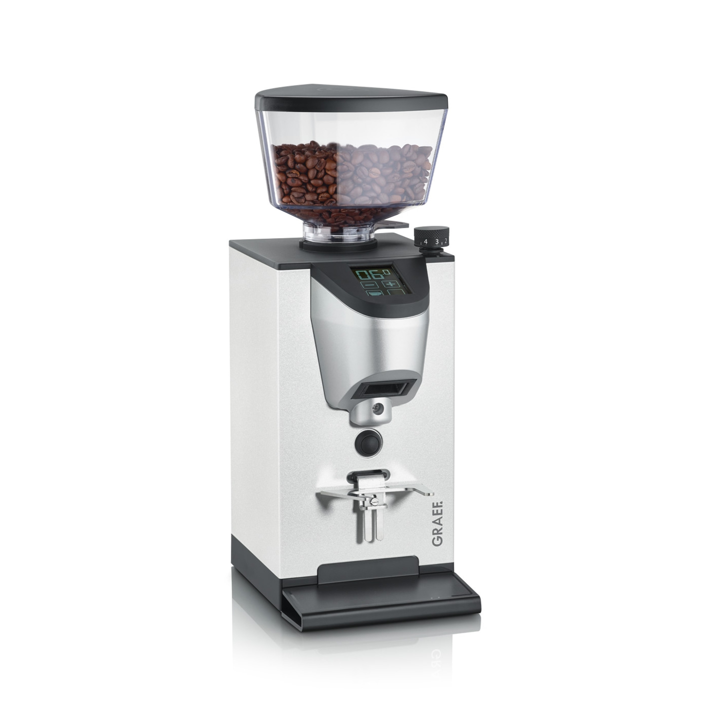 Macinacaffè con chicchi, display digitale e logo GRAEF. Corpo argentato.