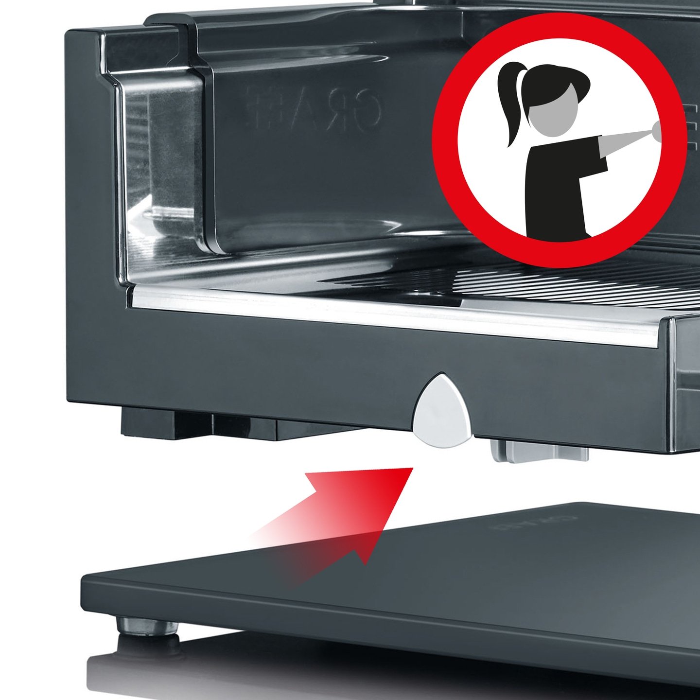 Device with red arrow and warning symbol showing a person touching something.