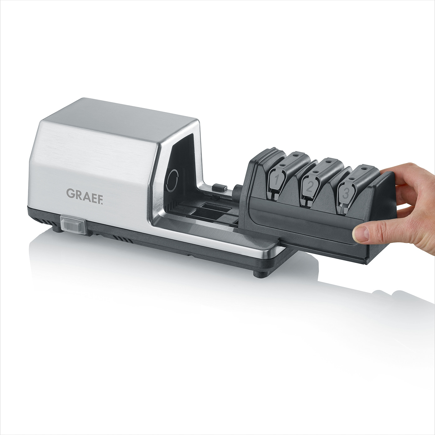 Graef knife sharpener, electric, three sharpening stages, silver, hand