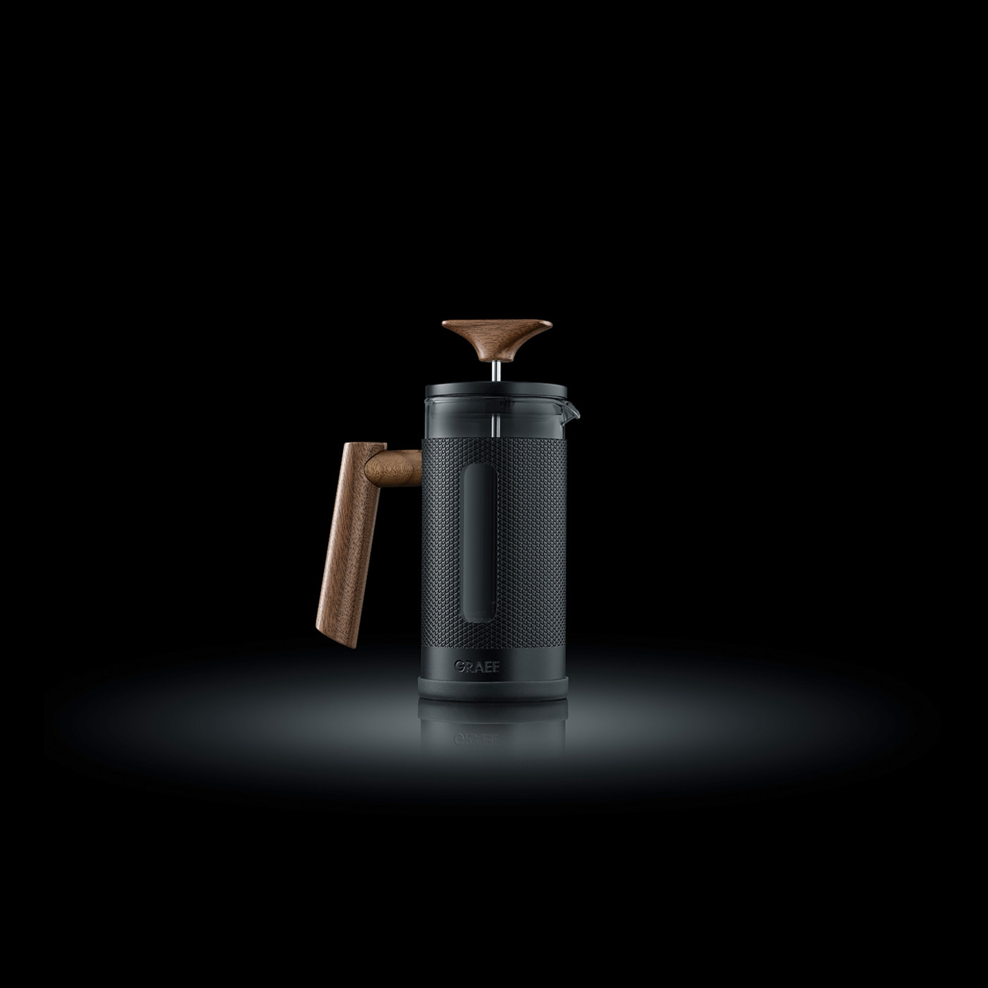 Pressa per caffè nera con manico e coperchio in legno, logo GRAEF.