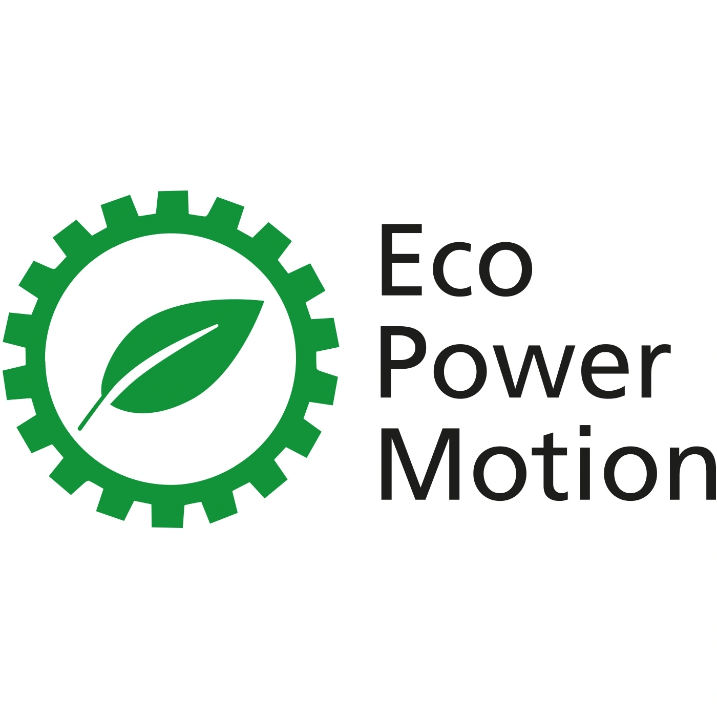 Logo Eco Power Motion con ingranaggio, foglia e testo su sfondo bianco