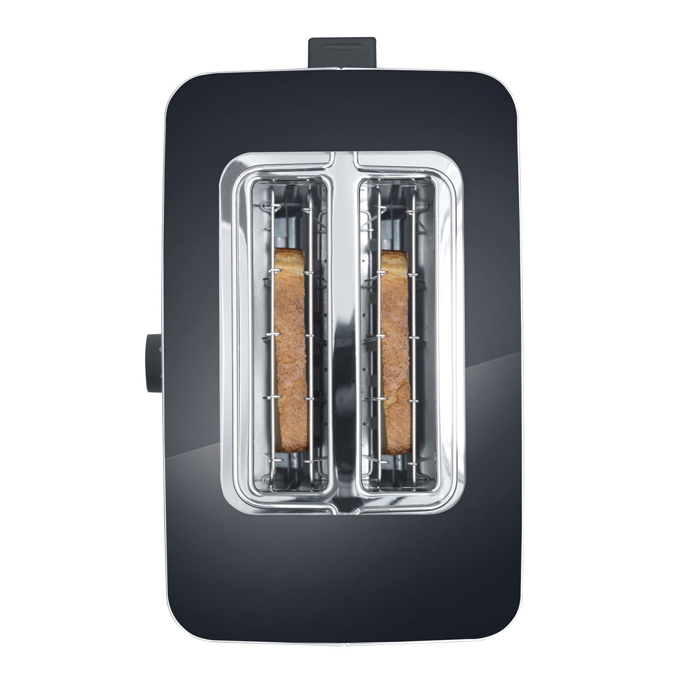 Black toaster with two slices of toast, close-up, isolated on white background