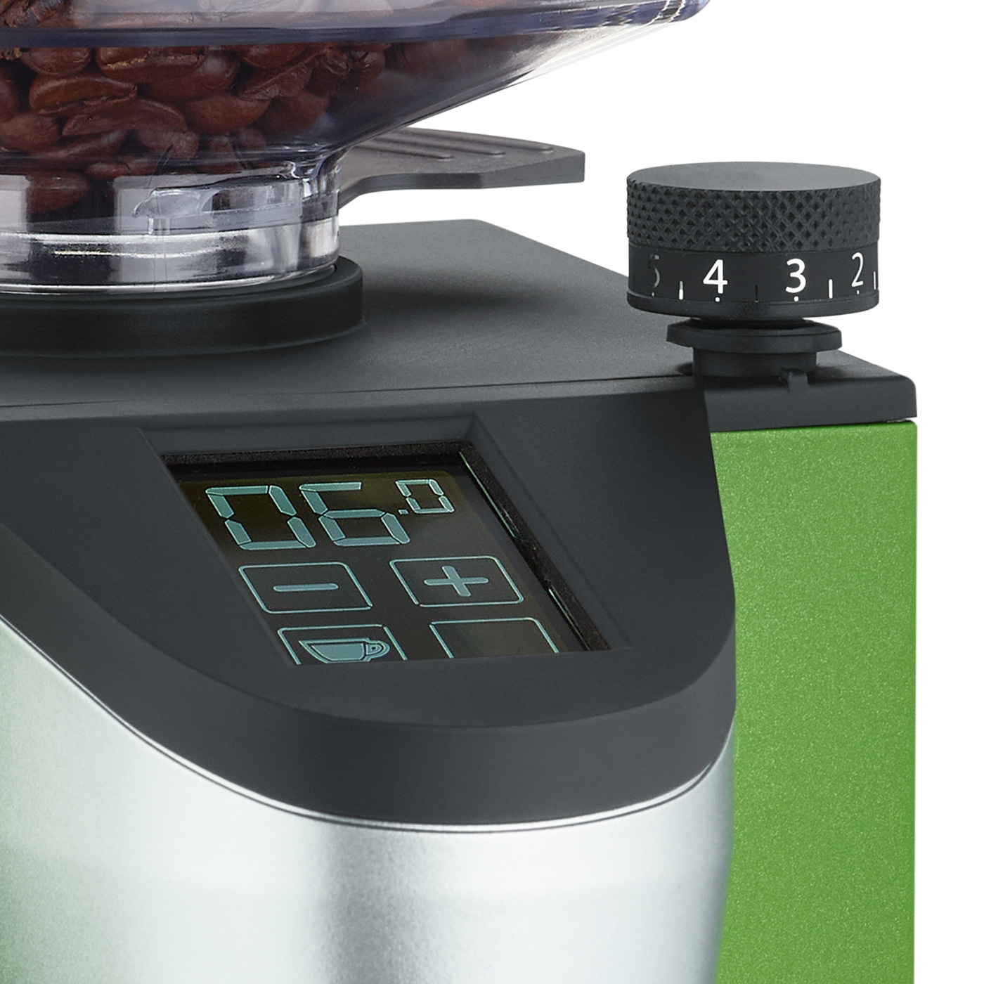 Coffee grinder with display and adjustment wheel for grind size and amount.