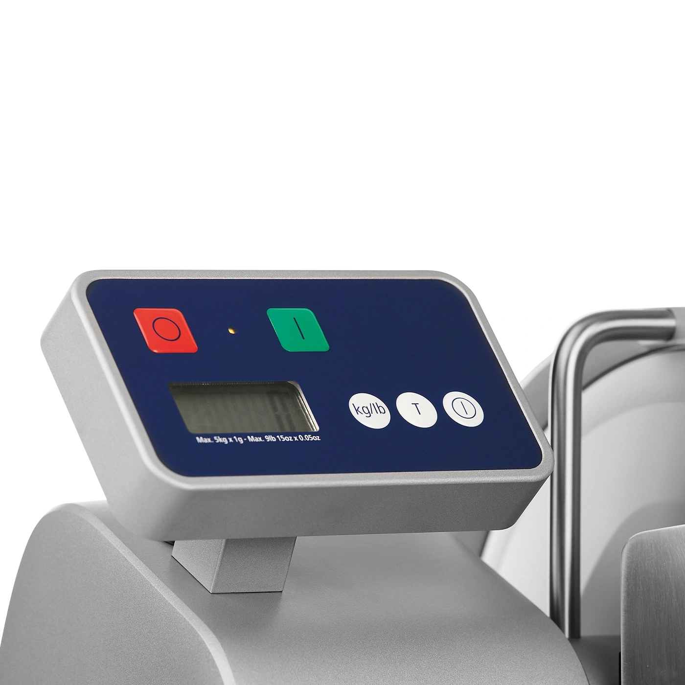 Bilancia con pulsanti e display, mostra il peso in kg/lb, max 5kg.